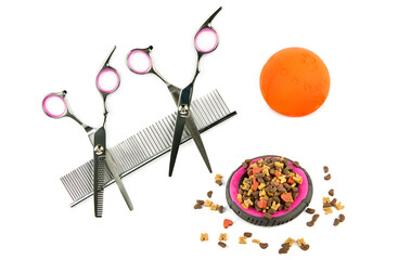 Dry food, Scissors, comb and toy for pet on isolated white background. Collage.