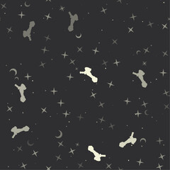 Seamless pattern with stars, cordless angle grinder symbols on black background. Night sky. Vector illustration on black background