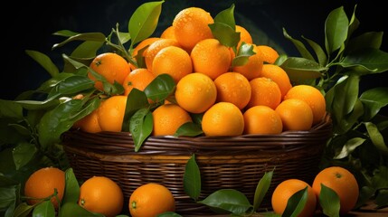  a basket filled with lots of oranges sitting on top of a table next to a bunch of green leaves.