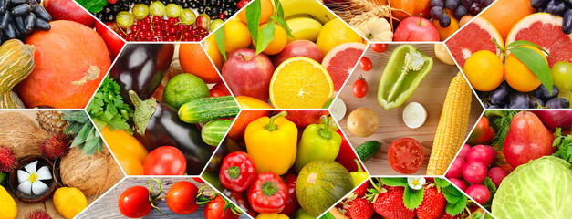 Photo collage of vegetables and fruits, located in a mosaic. Wide photo. - obrazy, fototapety, plakaty