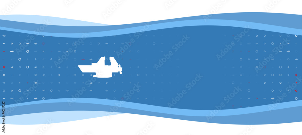 Poster blue wavy banner with a white vise symbol on the left. on the background there are small white shape