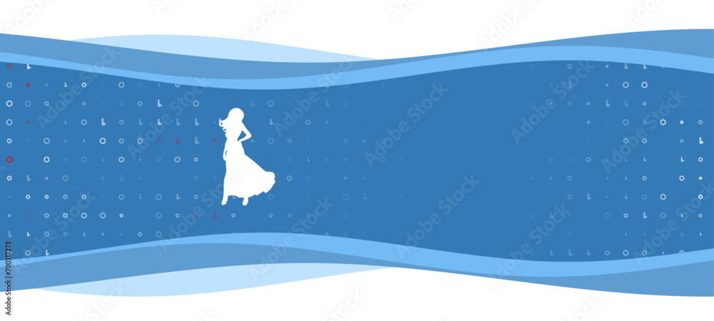 Poster blue wavy banner with a white lady symbol on the left. on the background there are small white shape