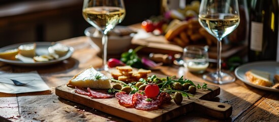 White wine, appetizers, and a wooden board on table. - obrazy, fototapety, plakaty