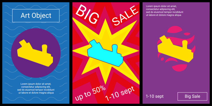 Trendy retro posters for organizing sales and other events. Large carpentry planer symbol in the center of each poster. Vector illustration on black background