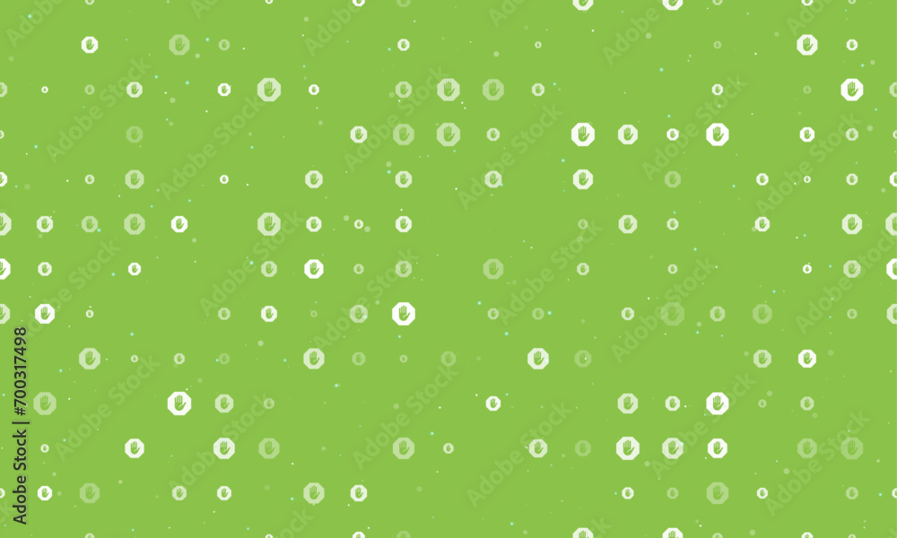Poster seamless background pattern of evenly spaced white stop hand symbols of different sizes and opacity.