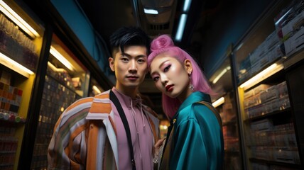 Cool and trend asian couple , wearing vintage 90´s clothes in pastel colors