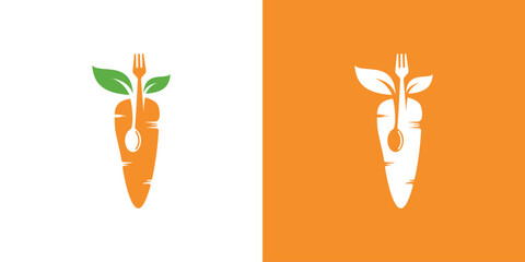 carrot logo design and cooking icon, combination of fork and spoon carrot design in design. healthy food logo design for vegetarians. vegan logo - obrazy, fototapety, plakaty
