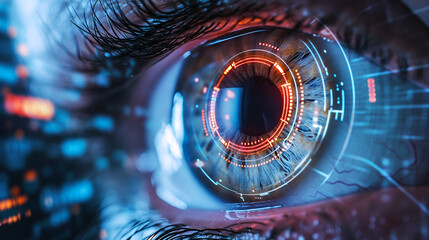 close-up of a human eye with futuristic glowing orange digital patterns overlaying it, suggesting advanced eye scanning or biometric and security technology