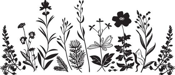 Fototapeta premium Midnight Inked Bloomscape Black Botanical Border Elegant Petal Framework Floral Vector Icon Design