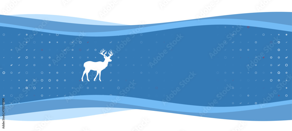 Poster blue wavy banner with a white deer symbol on the left. on the background there are small white shape