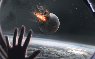 3D illustration of Moon exploding. High quality digital space art in 5K - realistic visualization - obrazy, fototapety, plakaty