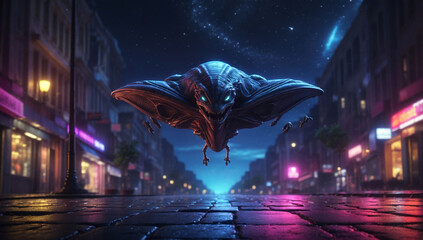 An alien flies through the streets at night.