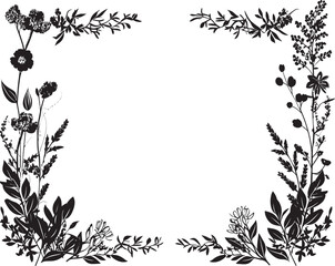 Monochromatic Garden Edge Floral Vector Emblem Ink Engraved Petal Perimeter Black Floral Border