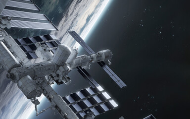3D illustration of International space station near Earth. High quality digital space art in 5K - realistic visualization © Vadimsadovski