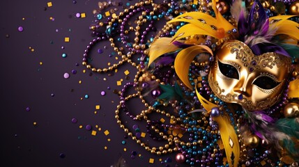 Top view of Mardi Gras carnival mask with feathers and beads decoration