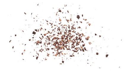 Chopped dark chocolate isolated on white, top view - obrazy, fototapety, plakaty