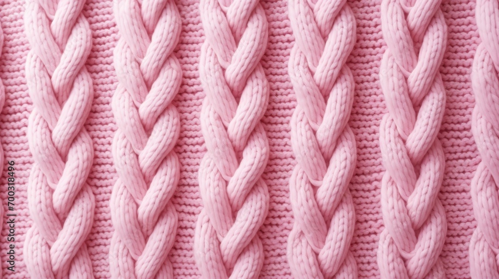 Poster a close up of a pink knitted blanket with a pattern of braiding on the side of the blanket.