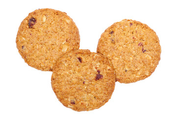 Group round, cereals integral whole wheat biscuit with oatmeal, with cranberry fruit and chopped hazelnut isolated on white