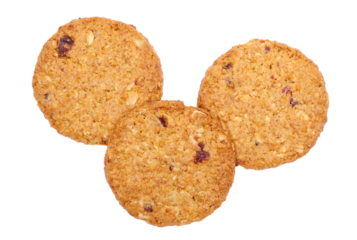 Group round, cereals integral whole wheat biscuit with oatmeal, with cranberry fruit and chopped hazelnut isolated on white