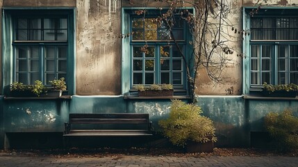 Fototapeta na wymiar a building with windows and a bench