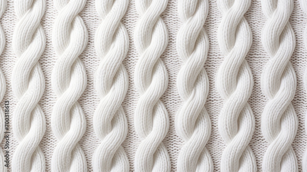 Poster a close up of a white knitted blanket with a knoted design on the bottom of the blanket and the bott