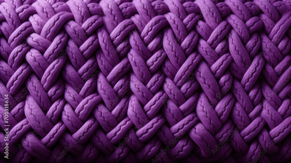 Poster a close up of a purple knitted material with a very large braiding pattern on the top of it.