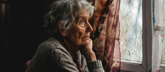 Elderly woman feeling depressed and anxious in her home, saddened by retirement and grief. - obrazy, fototapety, plakaty