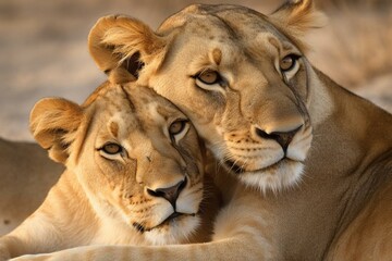 A lioness and her adorable cub snuggle together in a heartwarming moment. Generative AI