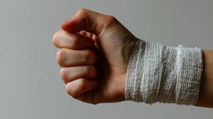 A hand wrapped in a white bandage indicates a minor injury and the basic medical care provided for wound protection.