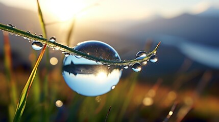  a drop of water on a blade of grass with the sun in the back ground and mountains in the background.