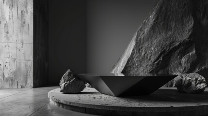 Black geometric Stone and Rock shape background, minimalist mockup for podium display or showcase