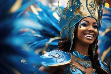 Latin woman, samba dancer dancing on the streets during carnival - obrazy, fototapety, plakaty