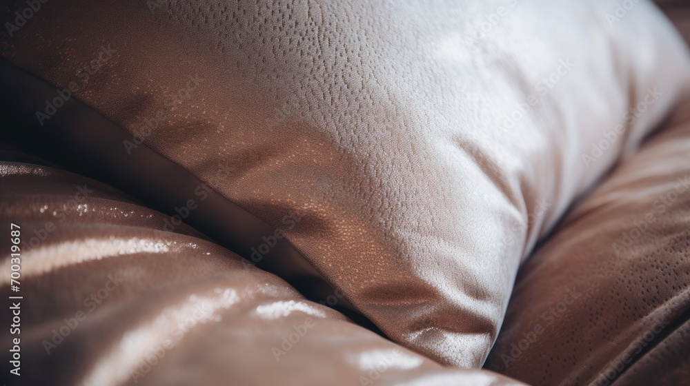 Poster a close up view of a pillow with a shiny material on the back of the pillow and a shiny material on 