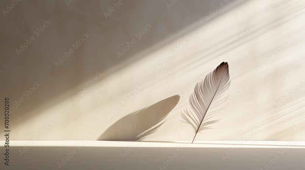 Poster a feather quill sitting on top of a table next to a shadow of a light on the wall behind it.