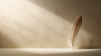  a feather quill sitting on top of a table next to a shadow of a light shining on the wall.