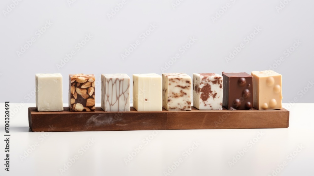 Poster a row of different types of soaps sitting on a wooden stand on top of a white table next to a white 