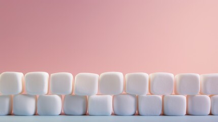  a pile of white marshmallows sitting on top of each other on a blue and pink surface with a pink wall in the background.