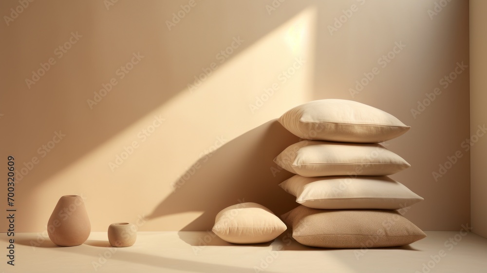 Poster a stack of pillows sitting on top of a table next to a vase and a vase with an egg on it.