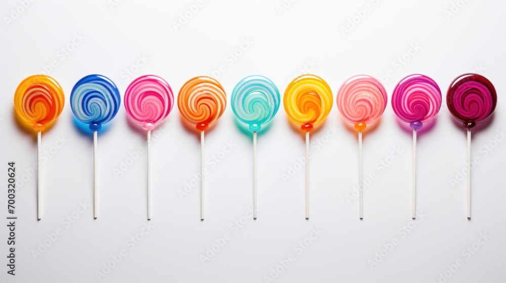 Poster a row of lollipops sitting on top of each other on top of a white table next to each other.