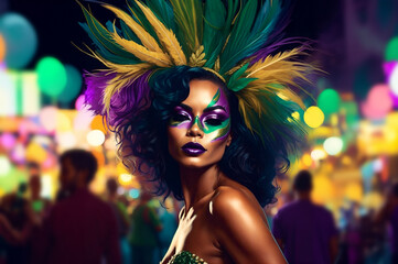 Black woman in carnival mask. Sensual lady in Mardi Gras attire in the street - obrazy, fototapety, plakaty