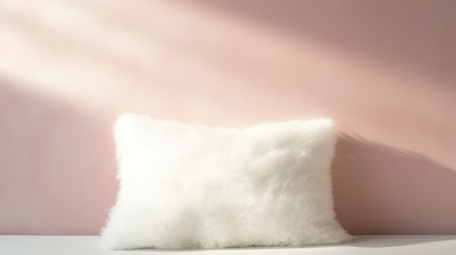  a white fluffy pillow sitting on top of a white table next to a pink wall with a shadow on it.