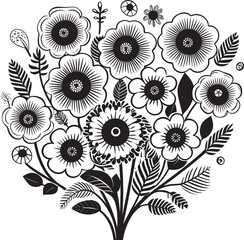 Petite Doodle Blooms Black Sketch Symbol Artistic Floral Sketch Monochrome Vector