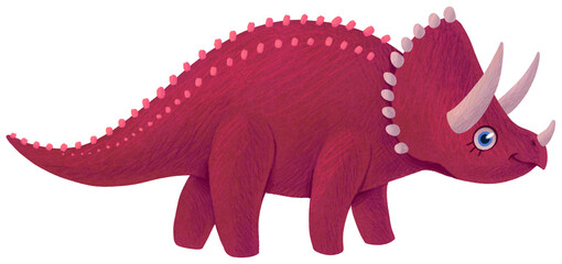 Cute triceratops children illustration. Burgundy red dinosaur with horns