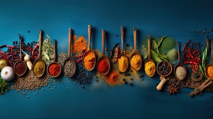  a row of wooden spoons filled with different types of spices and spices on top of a blue surface next to a row of wooden spoons filled with different types of spices and seasonings. - obrazy, fototapety, plakaty