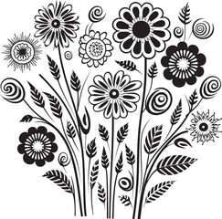 Sketchy Petal Whirl Monochrome Icon Doodle Flower Delight Black Emblem