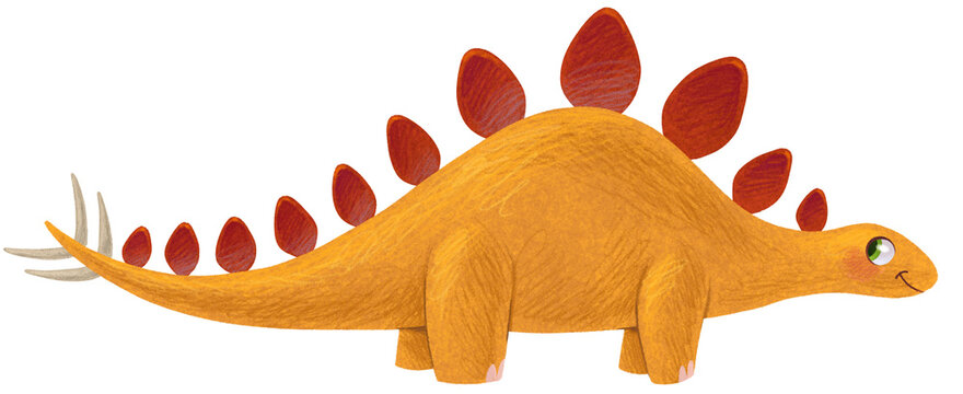 Cute stegosaurus children cartoon hand drawn illustration. Bright yellow dinosaur
