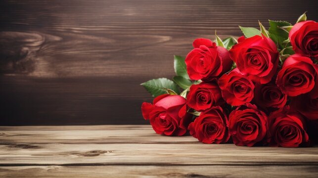 Bouquet of beautiful red roses on wooden table, Space for text, Happy Valentines Day