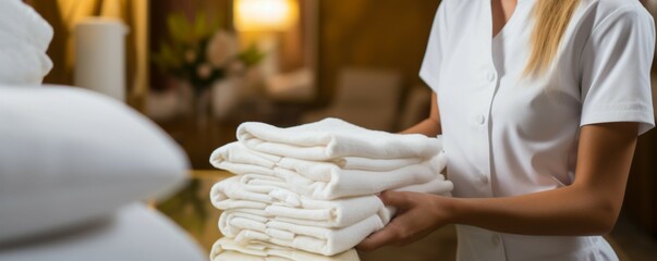 Neat presentation Close up of hotel maid arranging fresh towels - obrazy, fototapety, plakaty
