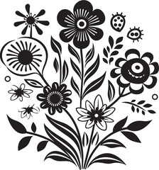 Fototapeta premium Floral Fantasy Monochrome Bunch Emblem Sketchy Flower Bundle Black Logo Icon