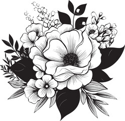 Botanical Charm Black Vector Bouquet Icon Classic Bloom Ensemble Monochrome Logo